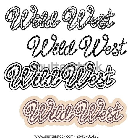 Wild west text vector illustration isolated on white background for design. Cowboy lasso Rodeo lettering. Vector wild west printable black graphic symbol for print