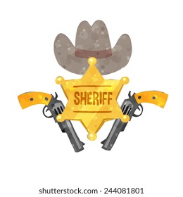 wild west theme accessories: hat, guns and sheriff gold star,  cartoon grunge doodle style vector art illustration.