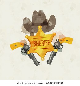 wild west theme accessories: hat, guns and sheriff gold star, watercolor colorful, cartoon, grunge style vector art illustration.
