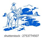 Wild west theme, cowboy art, horse riding, desert scene, rugged landscape, american west, frontier, travel, retro design, graphic element