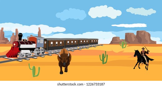 Wild West Theme, Cowboy, Bison, Old Train, Vector Illustration