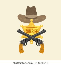 wild west theme, crosses guns and cowboy hat, cartoon flat doodle style vector art illustration.
