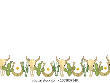 Wild west theme. Vector frame. Cactus, buffalo skull, horse shoe.