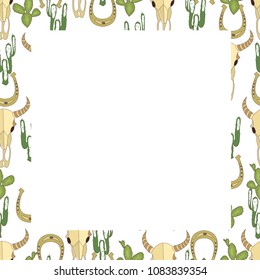 Wild west theme. Vector frame. Cactus, buffalo skull, horse shoe.