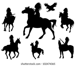 wild west theme vector silhouettes - native americans riding horses and wingspread eagle