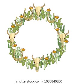 Wild west theme. Vector wreath. Cactus, buffalo skull, horse shoe.