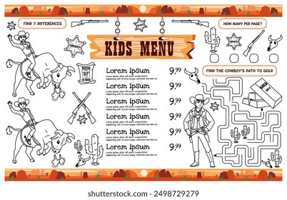 Wild West themed kids menu with fun activities for kids. Vector file for printing measuring 17x11 inches.