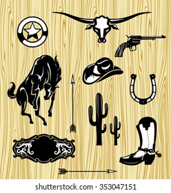 Wild West Themed Objects-Set of vintage cowboy elements, against wood grain background