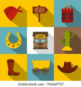 Wild west things icons set. Flat set of 9 wild west things vector icons for web with long shadow