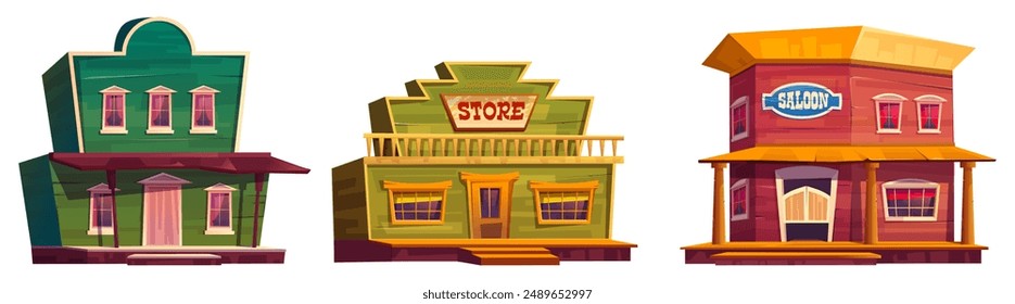 Wild west town buildings set isolated on white background. Vector cartoon illustration of retro wooden hotel, store, saloon houses with old windows, door, porches, american texas city street elements