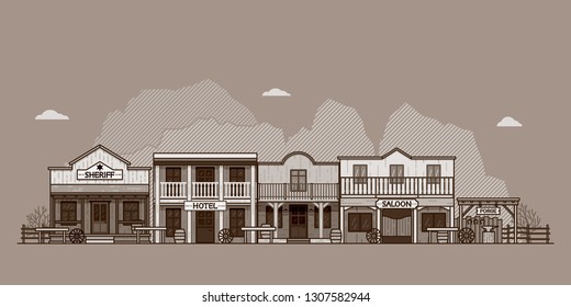 Wild west town landscape. Old western themed background for your projects. Monochrome vector illustration. 