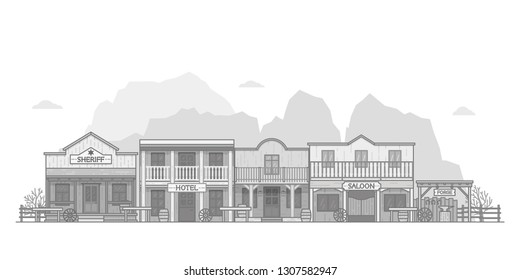 Wild west town landscape. Old western themed background for your projects. Monochrome vector illustration. 