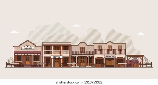 Wild west town landscape. Old western themed background for your projects. Colorful vector illustration. 