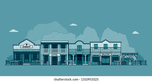 Wild west town landscape. Old western themed background for your projects. Monochrome vector illustration. 