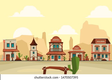 Wild west town. Old western architectural elements city background with saloon bar and store vector background illustrations. Wild west building, wooden american hotel and post