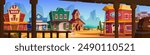 Wild west town street with buildings. Vector cartoon illustration of retro wooden hotel, store, saloon, bank, church, sheriff office houses with old windows, door, porches, sandy desert with cacti