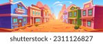 Wild west town street with old cowboy saloon building vector background. Cartoon western bank, store and hotel house in row near road in desert environment. Texas rural outdoor drawing illustration.