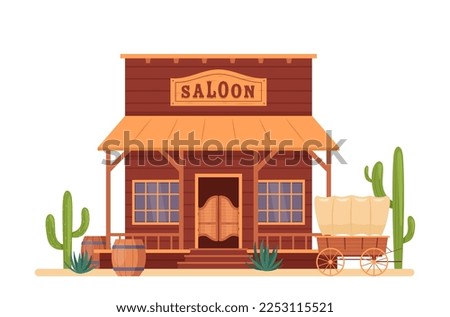 Wild west town street. Vector illustration of western saloon house with wooden barrel, swing door, wagon, cactuses. Wild west landscape for poster,  invitations. Hot sand desert . Texas country tavern