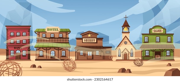 Wild west town. Western America street with old wooden church, rustic hotel, saloon and bank buildings. Cowboy city cartoon vector background illustration of building america street western