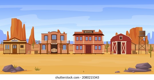 Wild West traditional cityscape vector flat cartoon illustration. Western country street view neighborhood scenery with wooden building and cliff desert. Countryside with saloon, sheriff and hotel