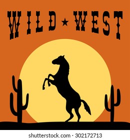 Wild West Typography Graphics. T-shirt Printing Design. Original wear. Fashion Print for apparel. Horse on sunset background. Vector illustration