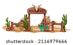 Wild west vector background, western wooden sign board, vintage rustic park entrance, fence, cactus. Game nature Mexican landscape, dry canyon rock, stone, cowboy hat. Wild west environment clipart