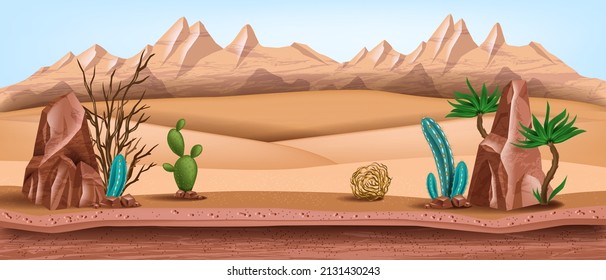 Wild west vector background, western desert landscape, brown cracked canyon rocks, mountain, hills. Environment game illustration, dry ground, sand dune, green cactus, succulent. West landscape