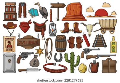 Icono de conjunto de colores del vector del oeste salvaje. Ilustración del vector occidental sobre fondo blanco. Icono de conjunto de colores aislado salvaje oeste.