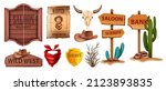 Wild west vector icon set, western wooden signboard, vintage saloon door, wanted poster, sheriff badge. Texas timber road sign, cactus, cow skull, cowboy hat isolated on white. Wild west collection