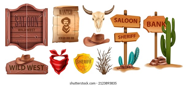 Wild west vector icon set, western wooden signboard, vintage saloon door, wanted poster, sheriff badge. Texas timber road sign, cactus, cow skull, cowboy hat isolated on white. Wild west collection - Shutterstock ID 2123893835