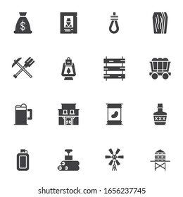 Wild west vector icons set, modern solid symbol collection, filled style pictogram pack. Signs, logo illustration. Set includes icons as money bag, rum bottle, wanted poster, gallows, coffin, saloon