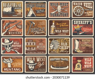 Wild West vector posters set. Cowboy, sheriff and skull, American western hat, guns and ranger star badge, horse, vintage wagon, Indian chief, revolvers, tomahawk and rifle. USA Wild West saloon cards