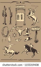 Wild west vector set. Hand drawn illustration with silhouette of cowboy, horse, horseshoe, sheriff badge, boot, hat, gun, lasso for cowboy paty.