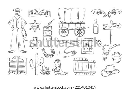 Wild West. Vector set of hand drawn western Texas icon with cowboy, hat, wooden signboard, cactus, dynamite, gun, wanted poster, sheriff badge, cow skull, tequila. Collection for game, web, print
