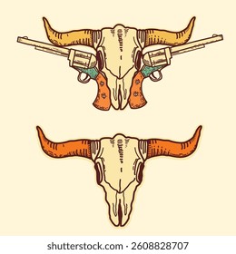 Wild West vector set symbol with longhorn skull and Western guns on American desert. Vector hand drawn vintage logo illustration isolated on white for design
