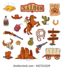Wild west vector western cowboy or sheriff in wildlife desert with cactus illustration wildly character in hat with gun on rodeo set isolated on white background