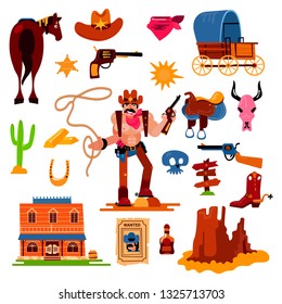 Wild west vector western cowboy character in wildlife desert with cactus illustration wildly sheriff in hat with gun on rodeo set isolated on white background