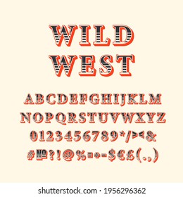 Wild west vintage 3d vector alphabet set. Retro bold font, typeface. Pop art stylized lettering. Old school style letters, numbers, symbols pack. 90s, 80s creative typeset design template