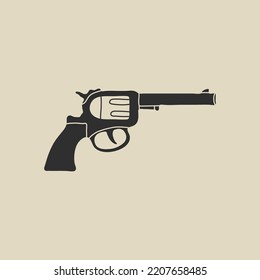 Wild West Vintage Element In Flat, Line Style. Hand Drawn Vector Illustration Of Old Western Cowboy Revolver, Handgun, Gun, Weapon, Cartoon Design. Cowboy Patch, Badge, Emblem, Logo.