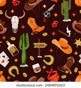 Wild West vintage seamless pattern. Vector flat cartoon illustration. Cowboy hat, spur boots, cow skull and gun on black background. Fabric design, wrapping paper or fashion textile print design