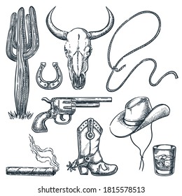 Wild West Vintage Symbols Isolated On White Background. Vector Hand Drawn Sketch Illustration. Cowboy Hat And Spur Boots, Cow Skull And Gun Retro Icons Set