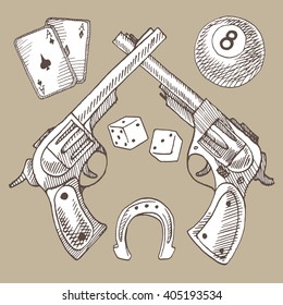 wild west vintage vector set of guns, cards, 8 ball, dice, horseshoe