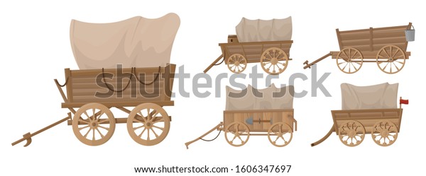 Wild west wagon vector cartoon set\
icon.Vector illustration set western of old carriage on white\
background .Isolated cartoon icon wild west\
wagon.
