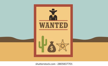Wild West wanted poster template with cowboy silhouette cactus money bag and sheriff star icons in the sandy desert.