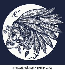 Wild west. Warrior symbol. Indian skull tattoo art. Native American indian feather headdress with human skull t-shirt design 