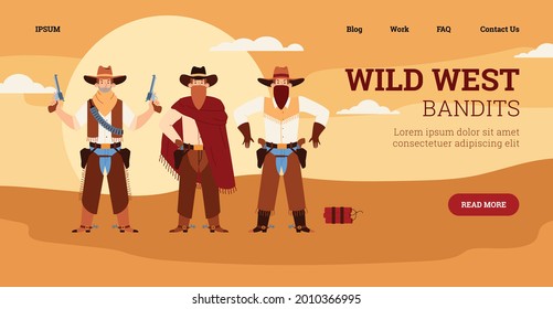 Wild West website banner template with cowboys or western bandits with gun, flat vector illustration. American cowboys and western rangers thematic of webpage.