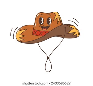 Wild west western cowboy hat groovy character. Isolated vector rugged, wide-brimmed cap with rope and smiling face, embodying the untamed spirit of the Wild West. American cowpuncher hat personage