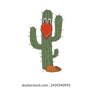 Wild west western groovy cactus character. Isolated vector cartoon, spiky cactus cowboy or bandit personage. Funny succulent rancher with big eyes, wearing a bandana, ready for wild west adventures