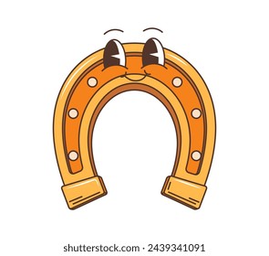 Wild west western groovy horseshoe character radiates retro charm. Isolated vector lucky golden horse shoe personage smile, embody a playful, free-spirited energy. Psychedelic whimsical horseshoe