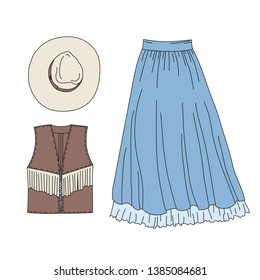 Wild west woman fashion clothes elements set. Cowgirl doodle objects isolated on white background. Hand drawn vector illustration with hat, vest and skirt